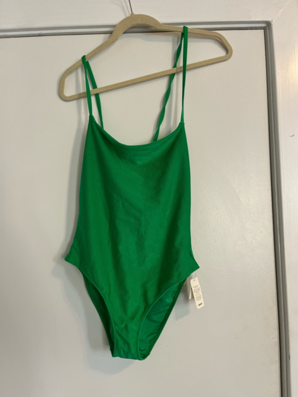 aerie Bright Green shiny Ribbed strappy One-Piece Swimsuit women’s medium NWT - Picture 3 of 7